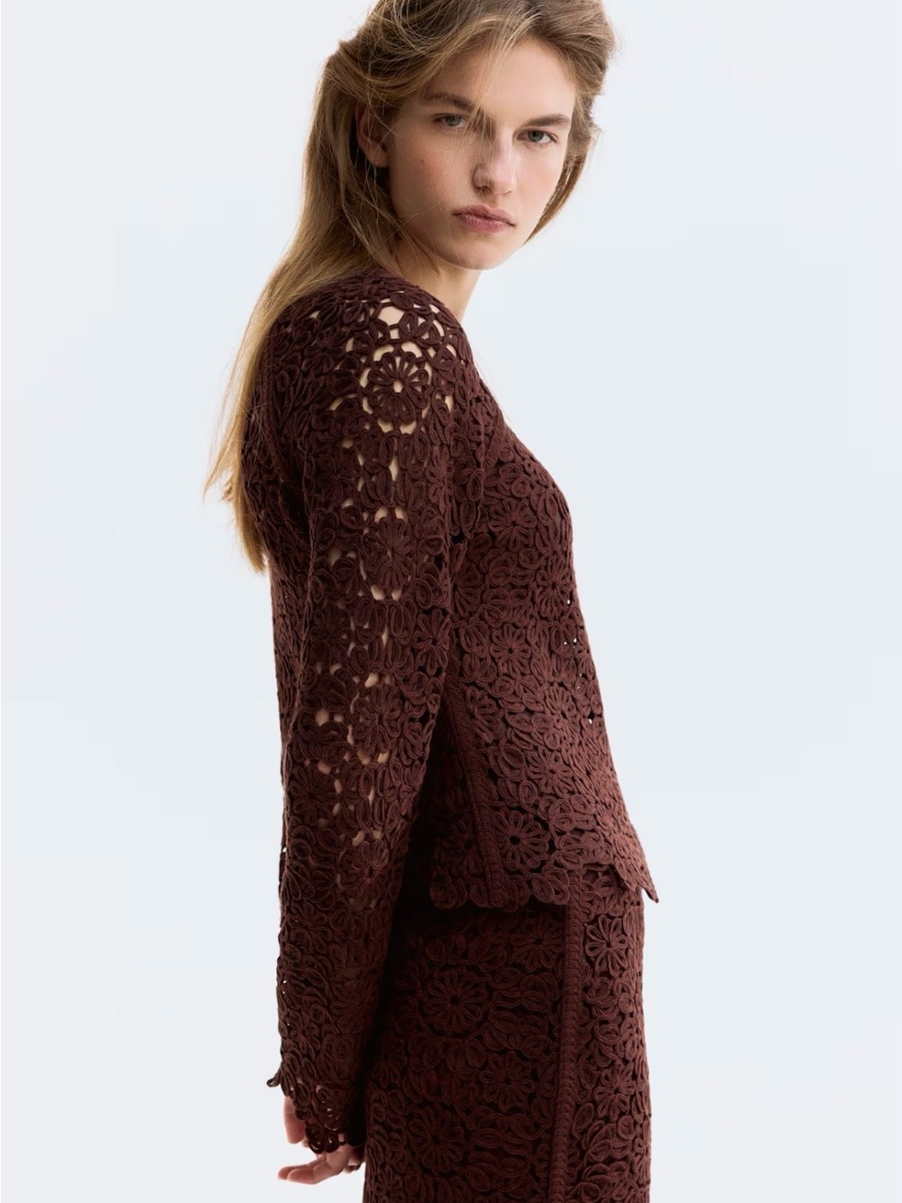 H&M Edition Crochet Look Round Neck Zippered Cardigan XS (Dark Brown) 1329603001